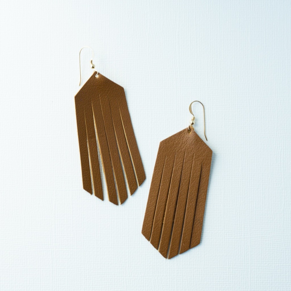 NEW Love Poppy Handmade Leather Fringe Earrings Brown Statement Dangle jewelry